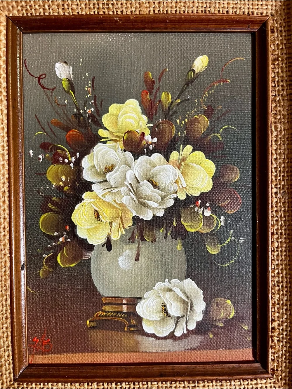 2x 1950s Vintage Hand painted Framed Floral Wall Art in Brown White and Yellow
